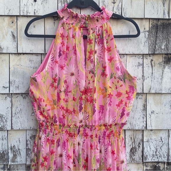 Taylor Floral Pink Halter Mock Neck Sleeveless Elastic Waist Maxi Dress - Picture 4 of 10